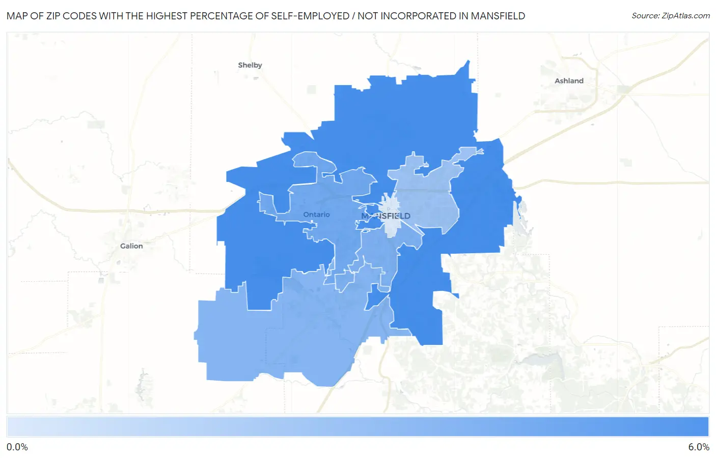 Zip Codes with the Highest Percentage of Self-Employed / Not Incorporated in Mansfield Map