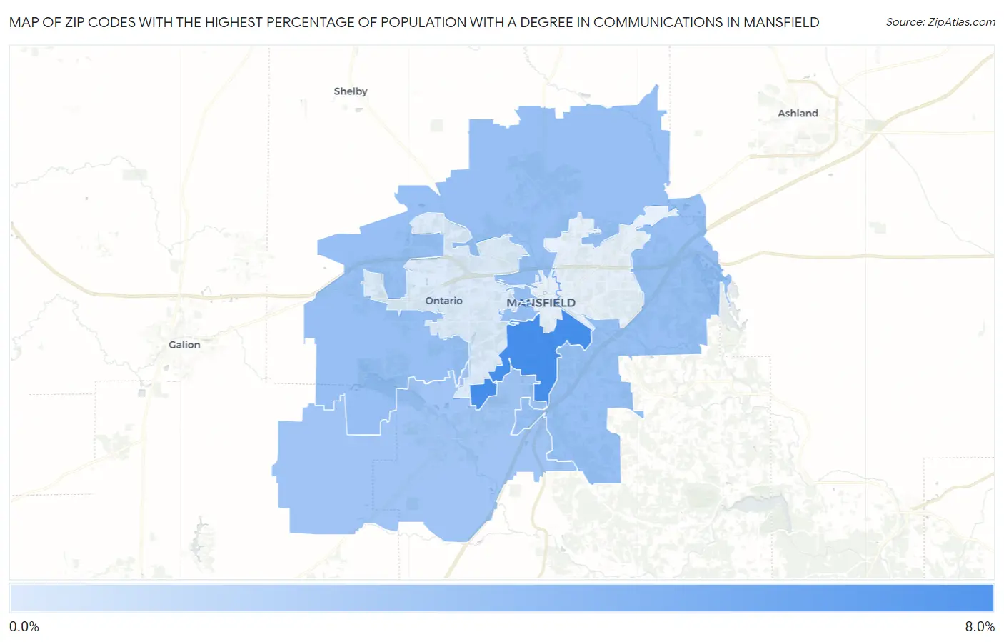 Zip Codes with the Highest Percentage of Population with a Degree in Communications in Mansfield Map