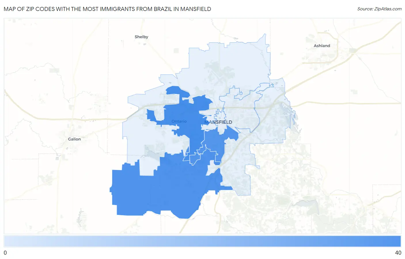 Zip Codes with the Most Immigrants from Brazil in Mansfield Map