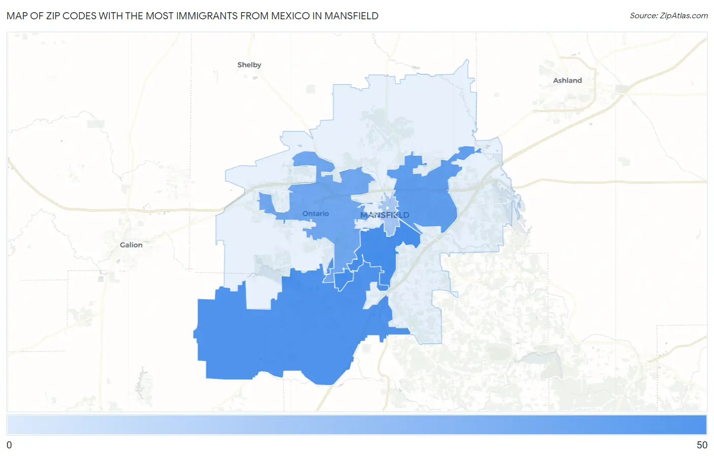 Zip Codes with the Most Immigrants from Mexico in Mansfield Map
