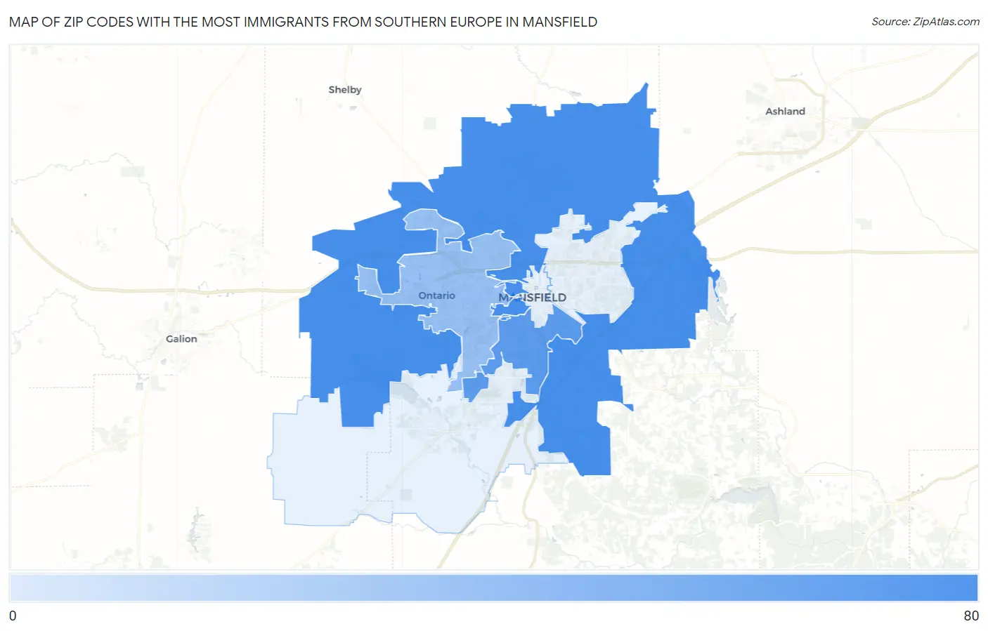 Zip Codes with the Most Immigrants from Southern Europe in Mansfield Map