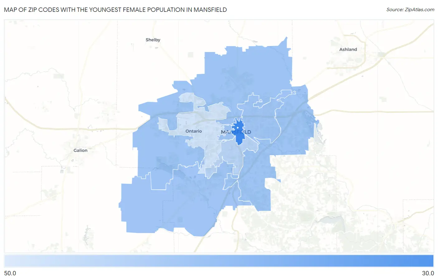 Zip Codes with the Youngest Female Population in Mansfield Map
