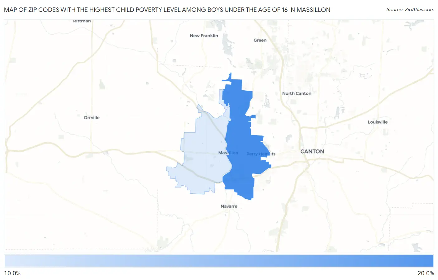 Zip Codes with the Highest Child Poverty Level Among Boys Under the Age of 16 in Massillon Map