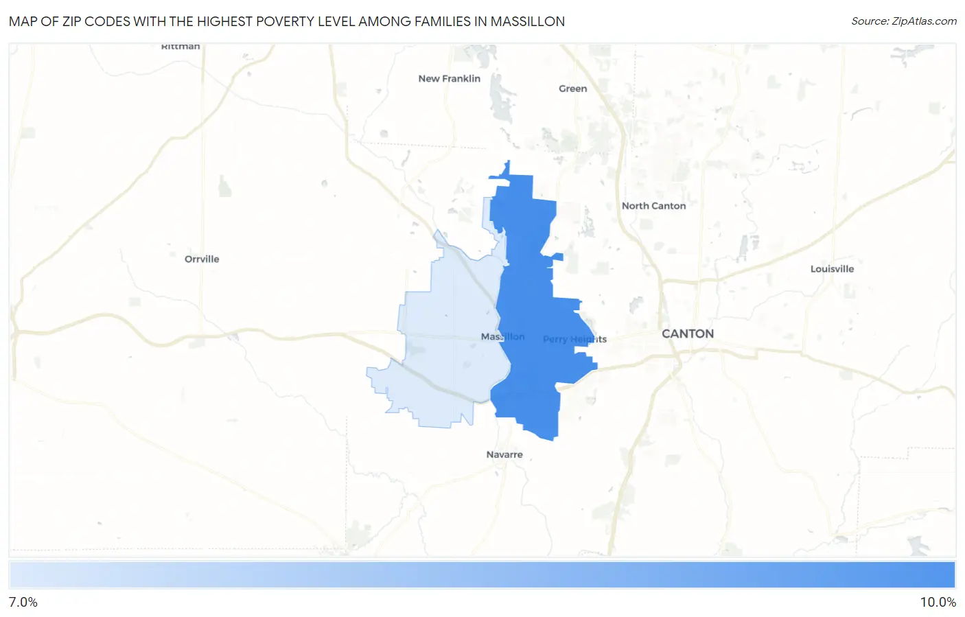 Zip Codes with the Highest Poverty Level Among Families in Massillon Map