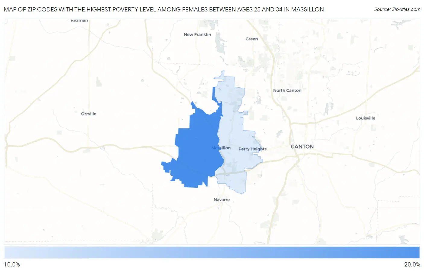 Zip Codes with the Highest Poverty Level Among Females Between Ages 25 and 34 in Massillon Map