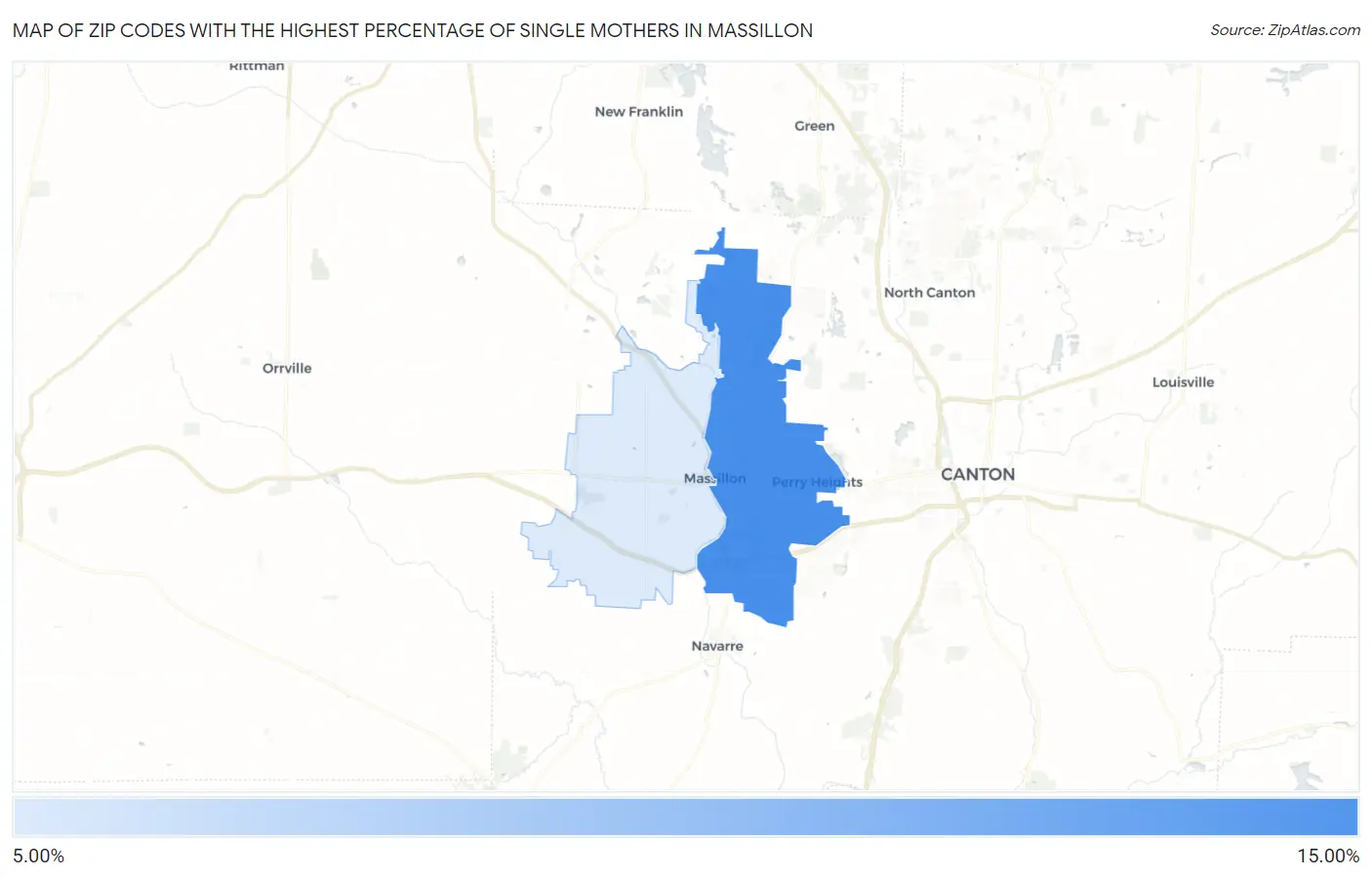 Zip Codes with the Highest Percentage of Single Mothers in Massillon Map
