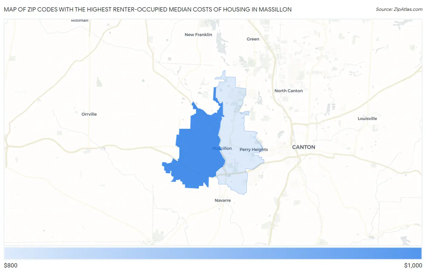 Zip Codes with the Highest Renter-Occupied Median Costs of Housing in Massillon Map