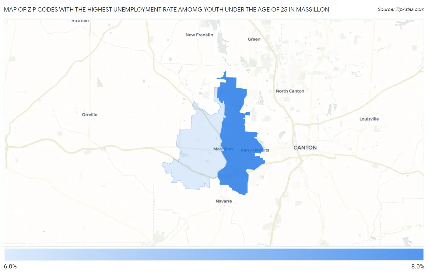 Zip Codes with the Highest Unemployment Rate Amomg Youth Under the Age of 25 in Massillon Map