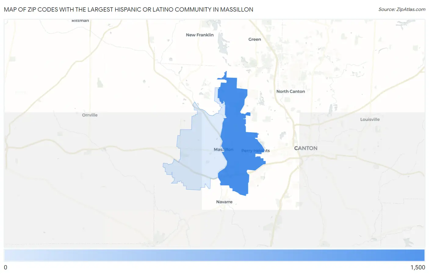 Zip Codes with the Largest Hispanic or Latino Community in Massillon Map
