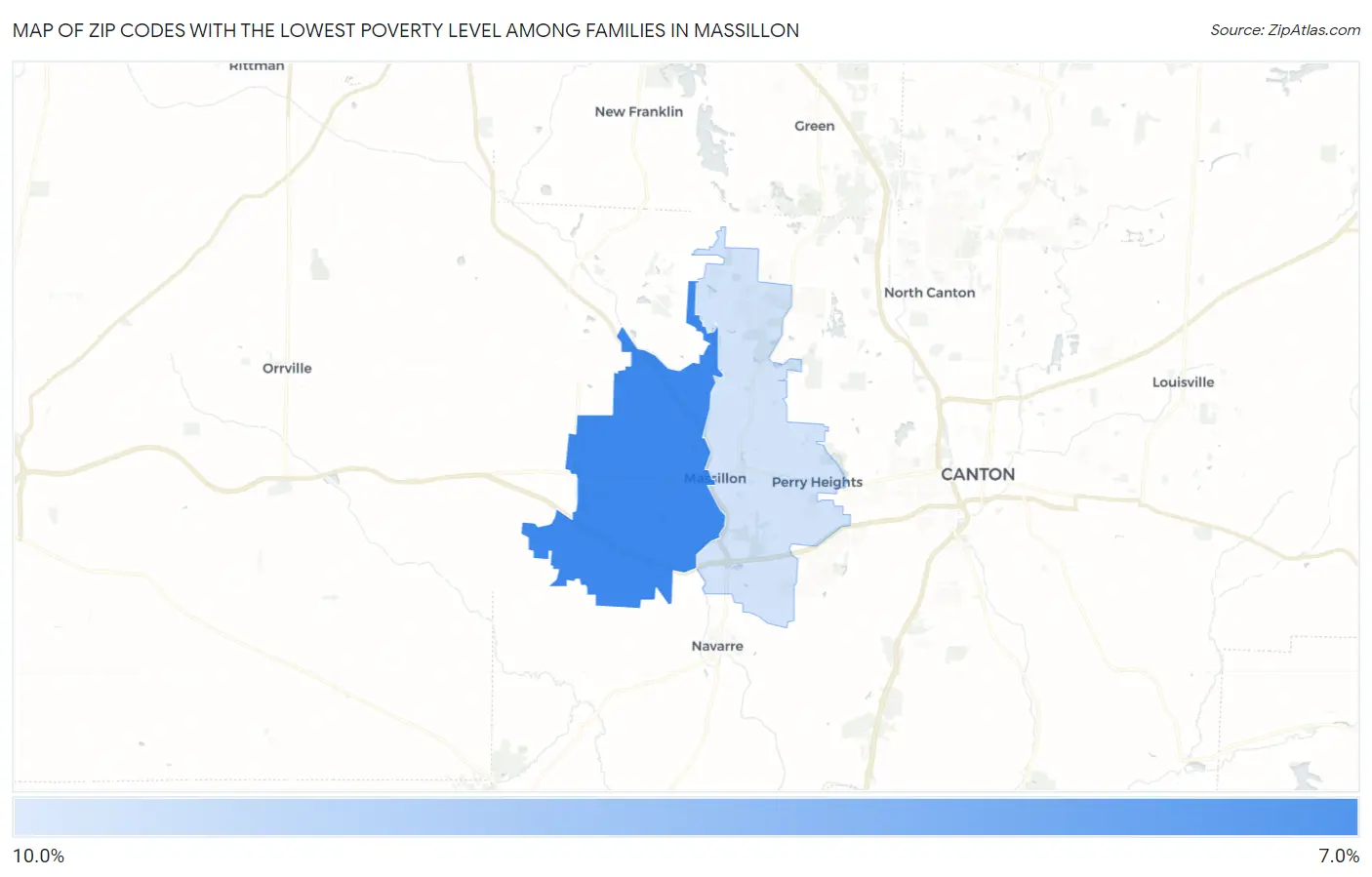 Zip Codes with the Lowest Poverty Level Among Families in Massillon Map