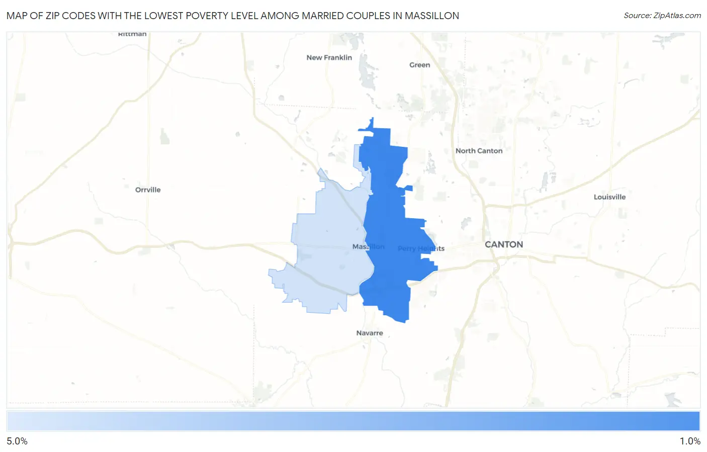 Zip Codes with the Lowest Poverty Level Among Married Couples in Massillon Map