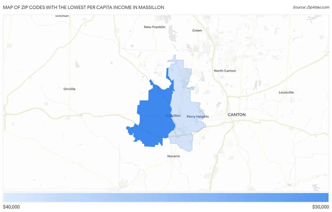 Zip Codes with the Lowest Per Capita Income in Massillon Map