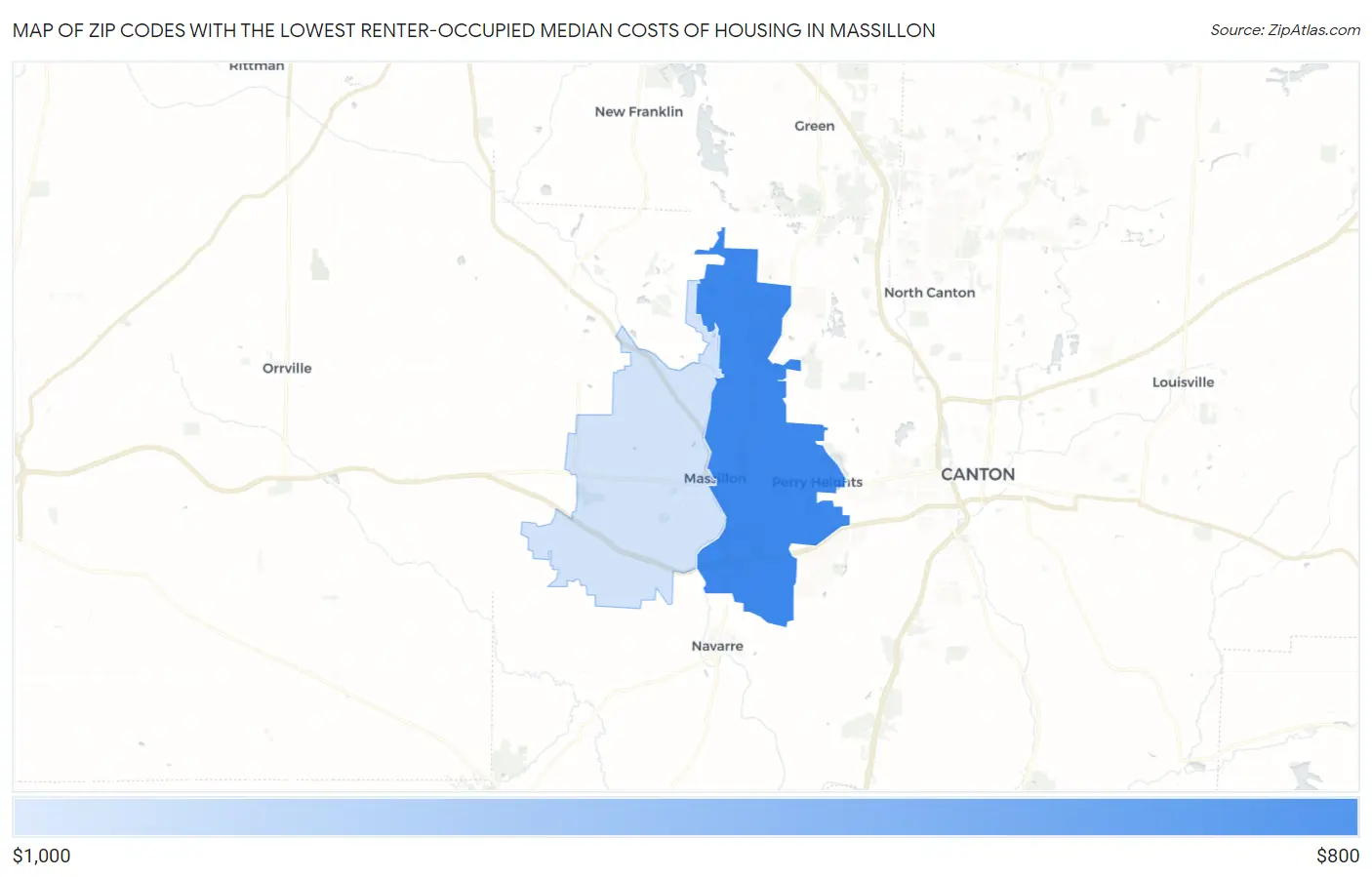 Zip Codes with the Lowest Renter-Occupied Median Costs of Housing in Massillon Map