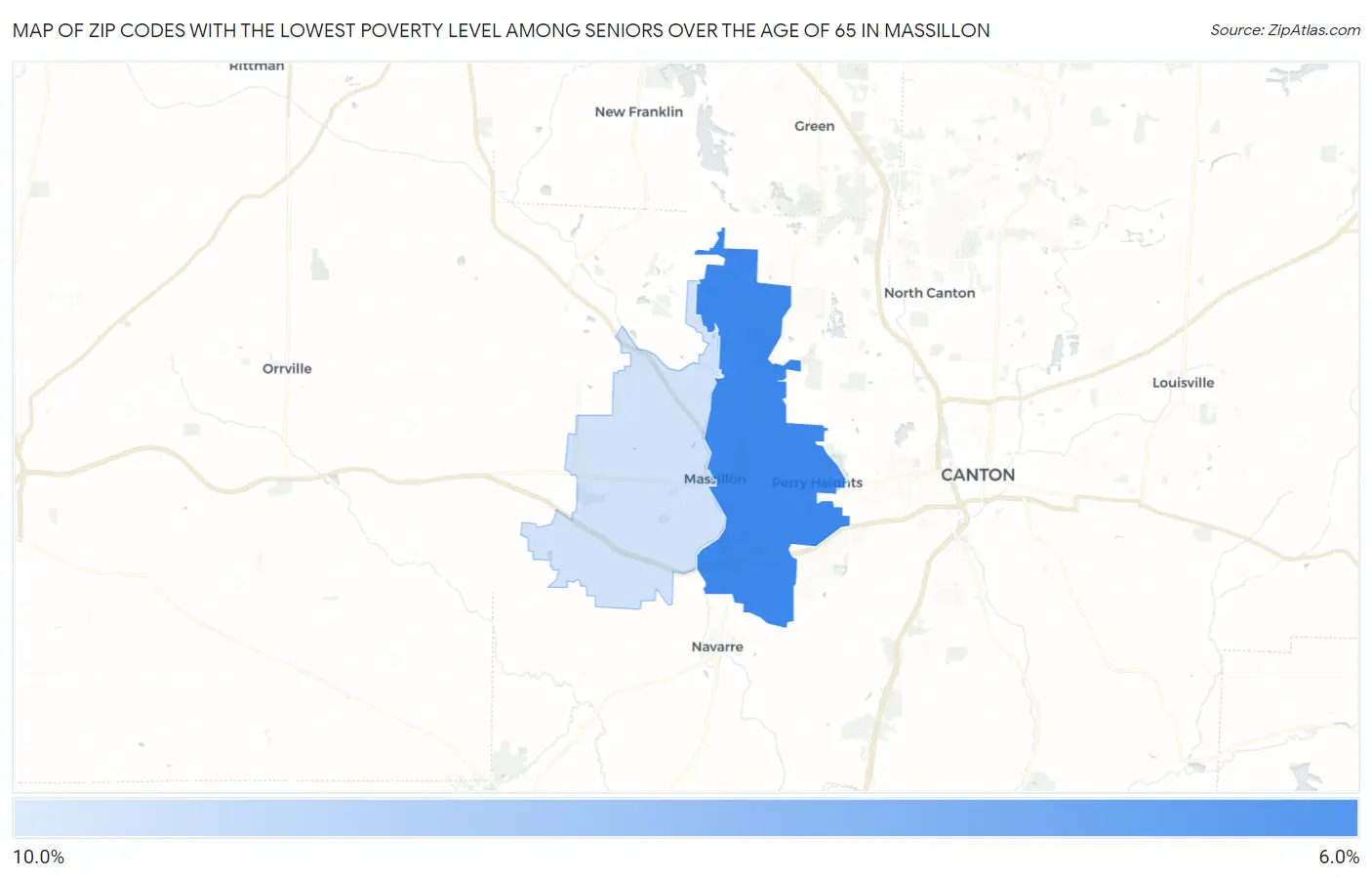 Zip Codes with the Lowest Poverty Level Among Seniors Over the Age of 65 in Massillon Map