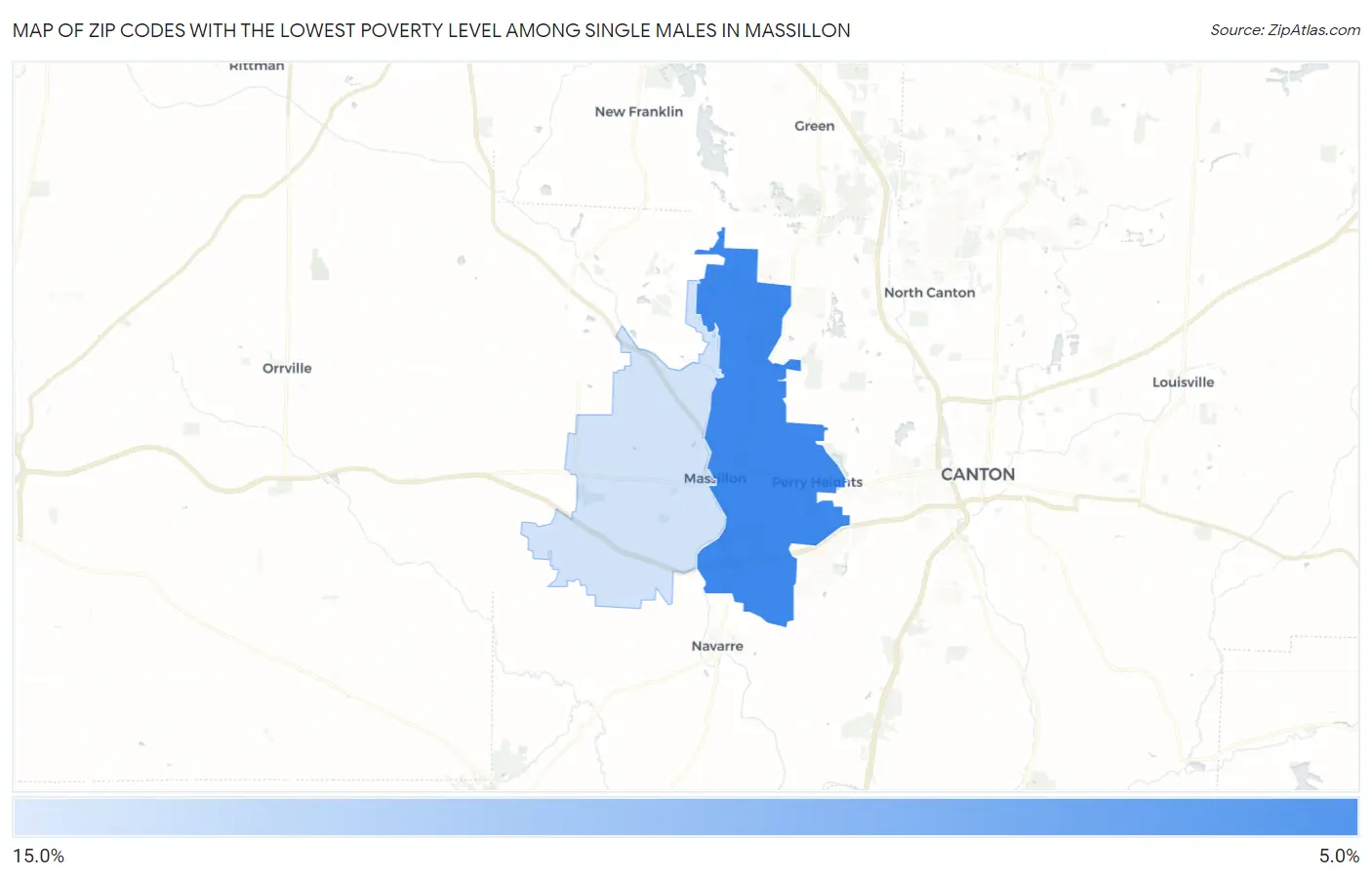 Zip Codes with the Lowest Poverty Level Among Single Males in Massillon Map