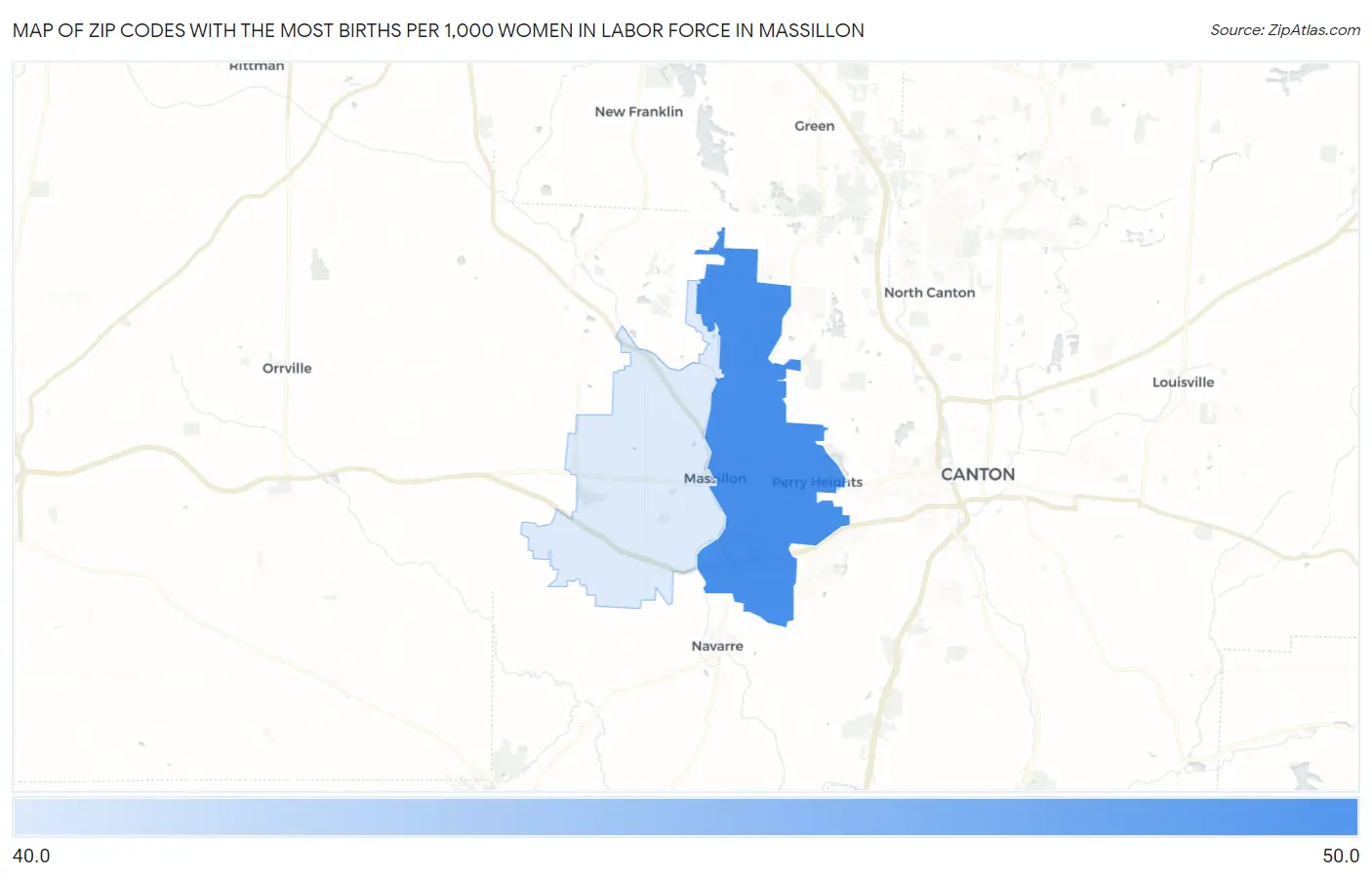 Zip Codes with the Most Births per 1,000 Women in Labor Force in Massillon Map