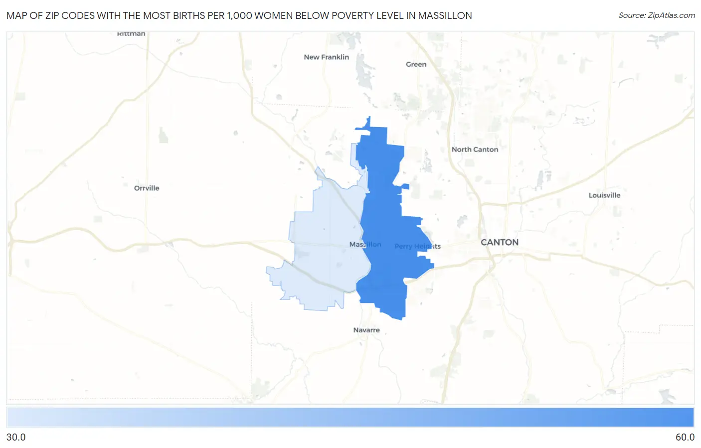 Zip Codes with the Most Births per 1,000 Women Below Poverty Level in Massillon Map