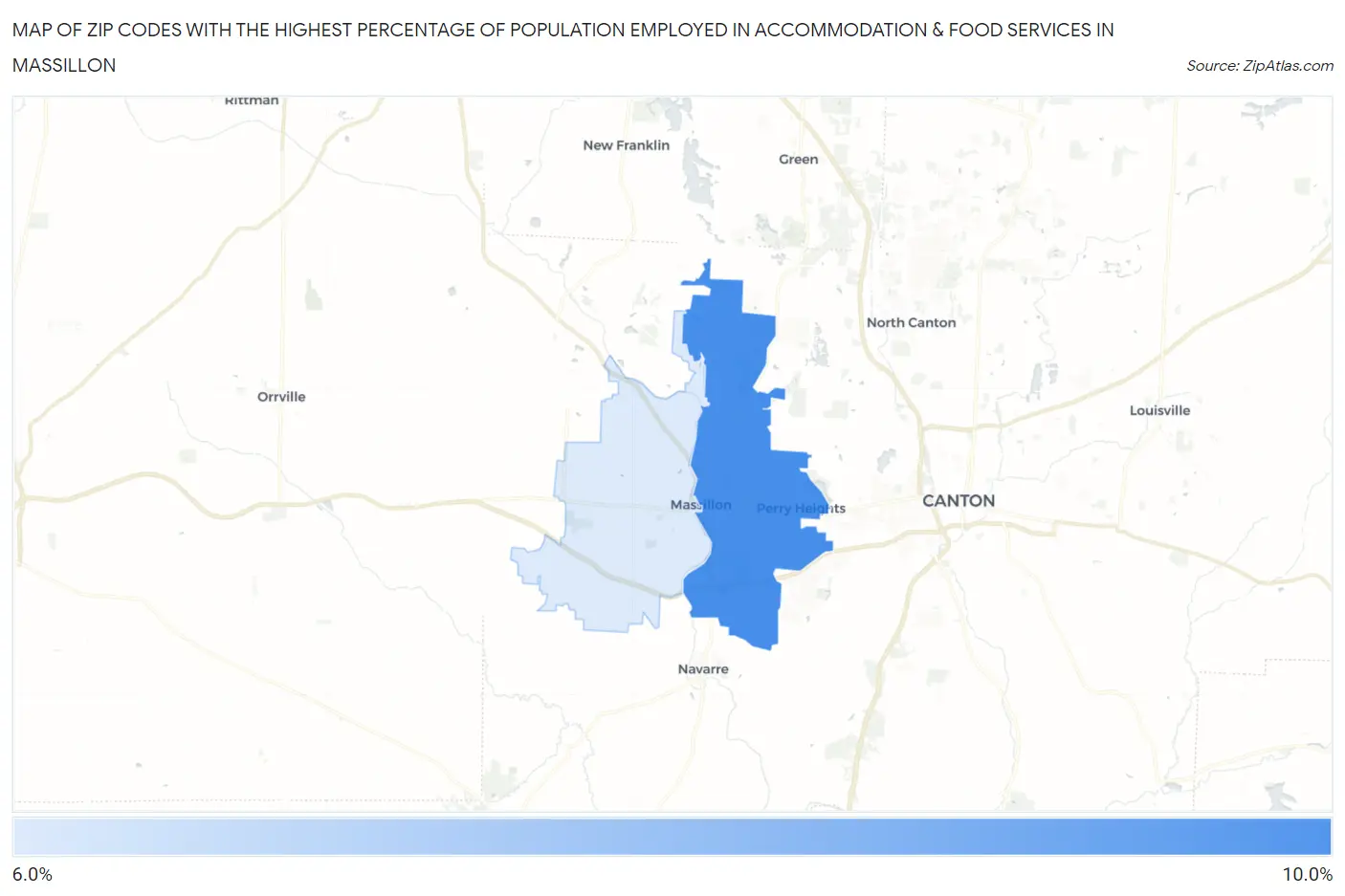 Zip Codes with the Highest Percentage of Population Employed in Accommodation & Food Services in Massillon Map