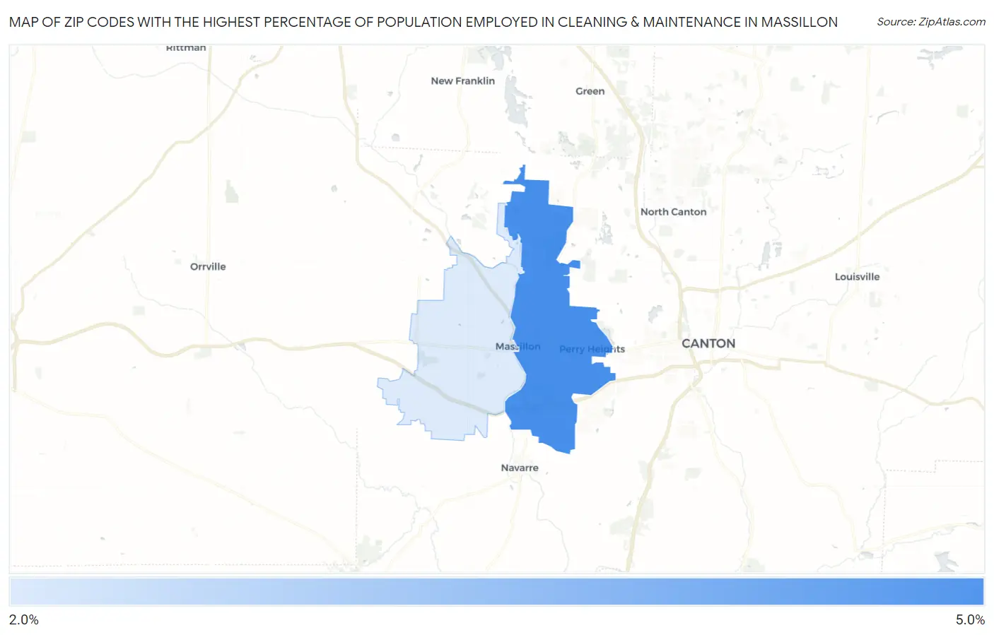 Zip Codes with the Highest Percentage of Population Employed in Cleaning & Maintenance in Massillon Map