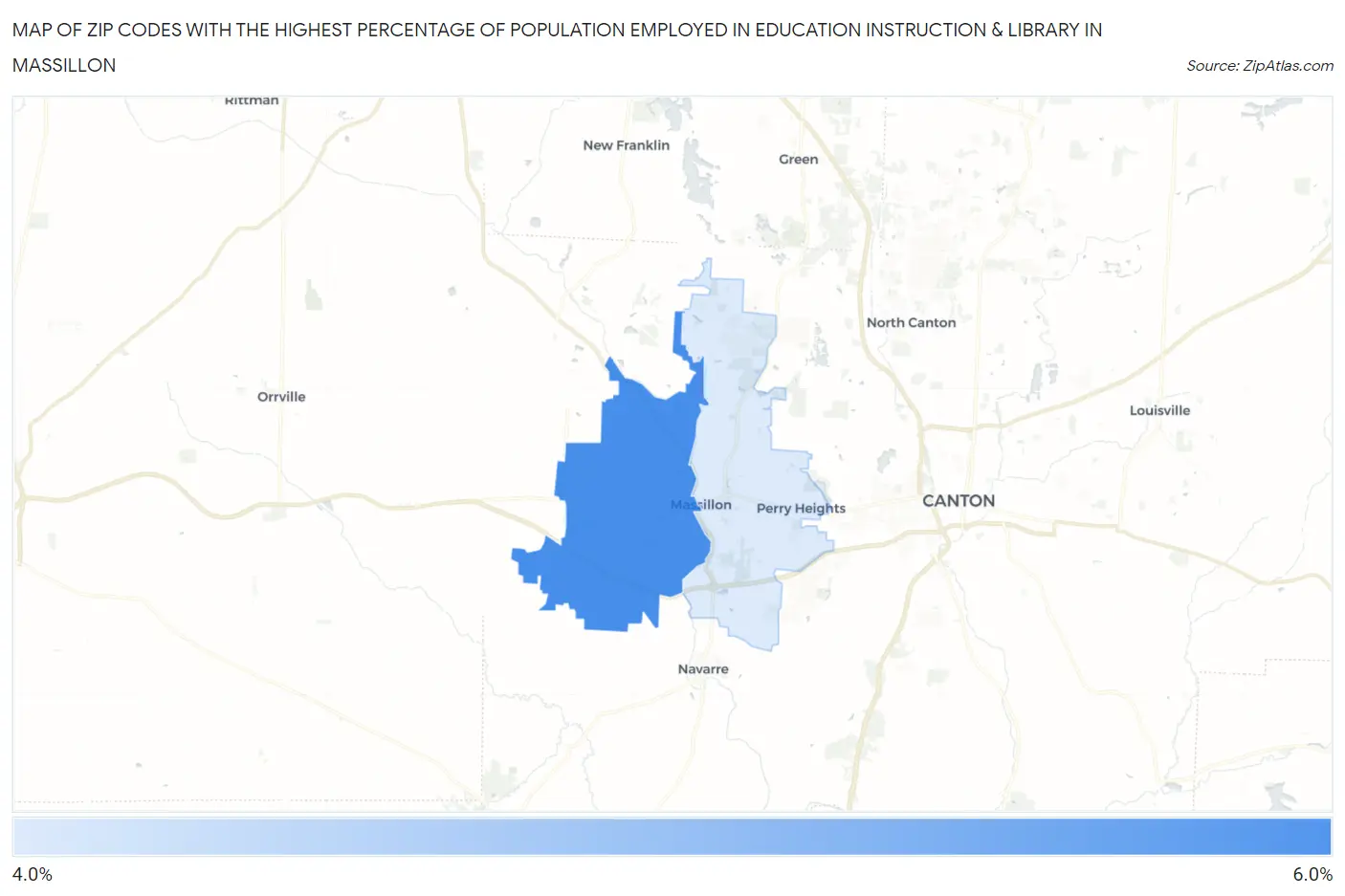 Zip Codes with the Highest Percentage of Population Employed in Education Instruction & Library in Massillon Map