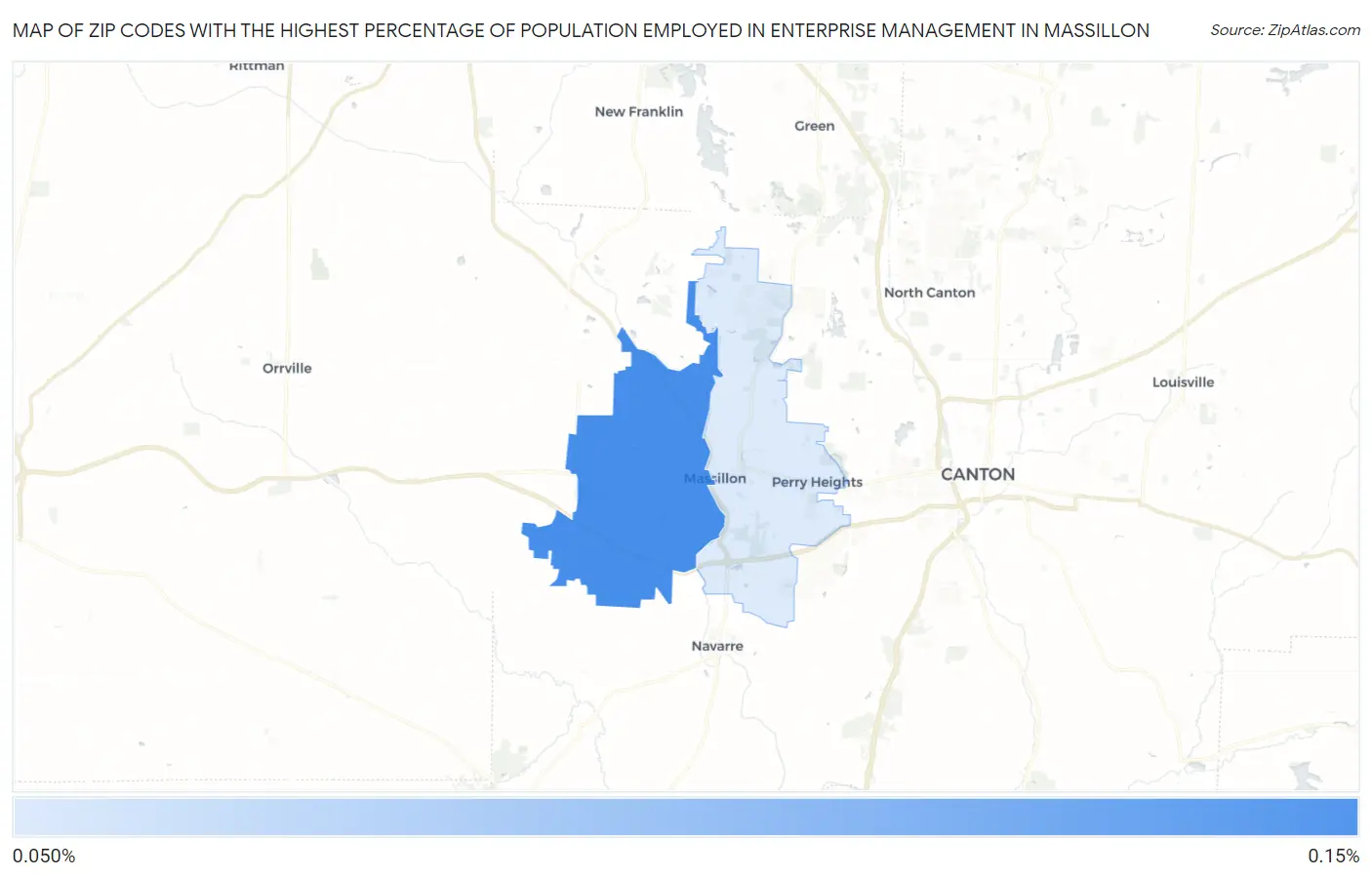 Zip Codes with the Highest Percentage of Population Employed in Enterprise Management in Massillon Map