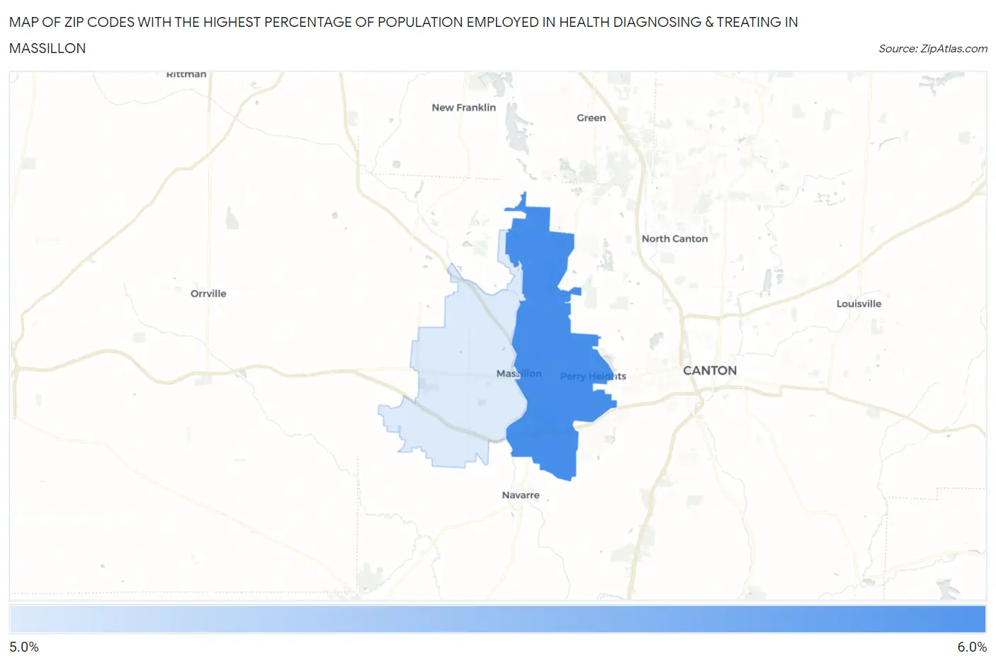 Zip Codes with the Highest Percentage of Population Employed in Health Diagnosing & Treating in Massillon Map