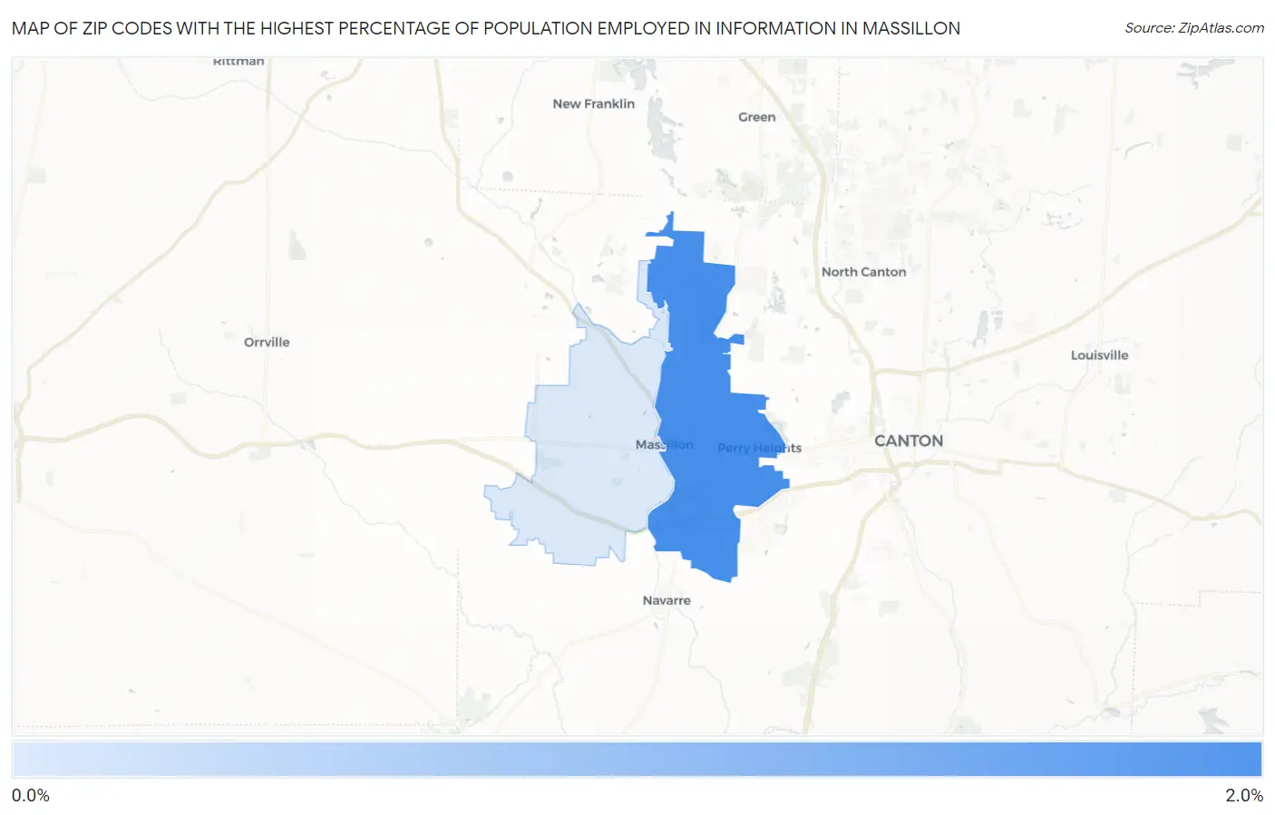 Zip Codes with the Highest Percentage of Population Employed in Information in Massillon Map