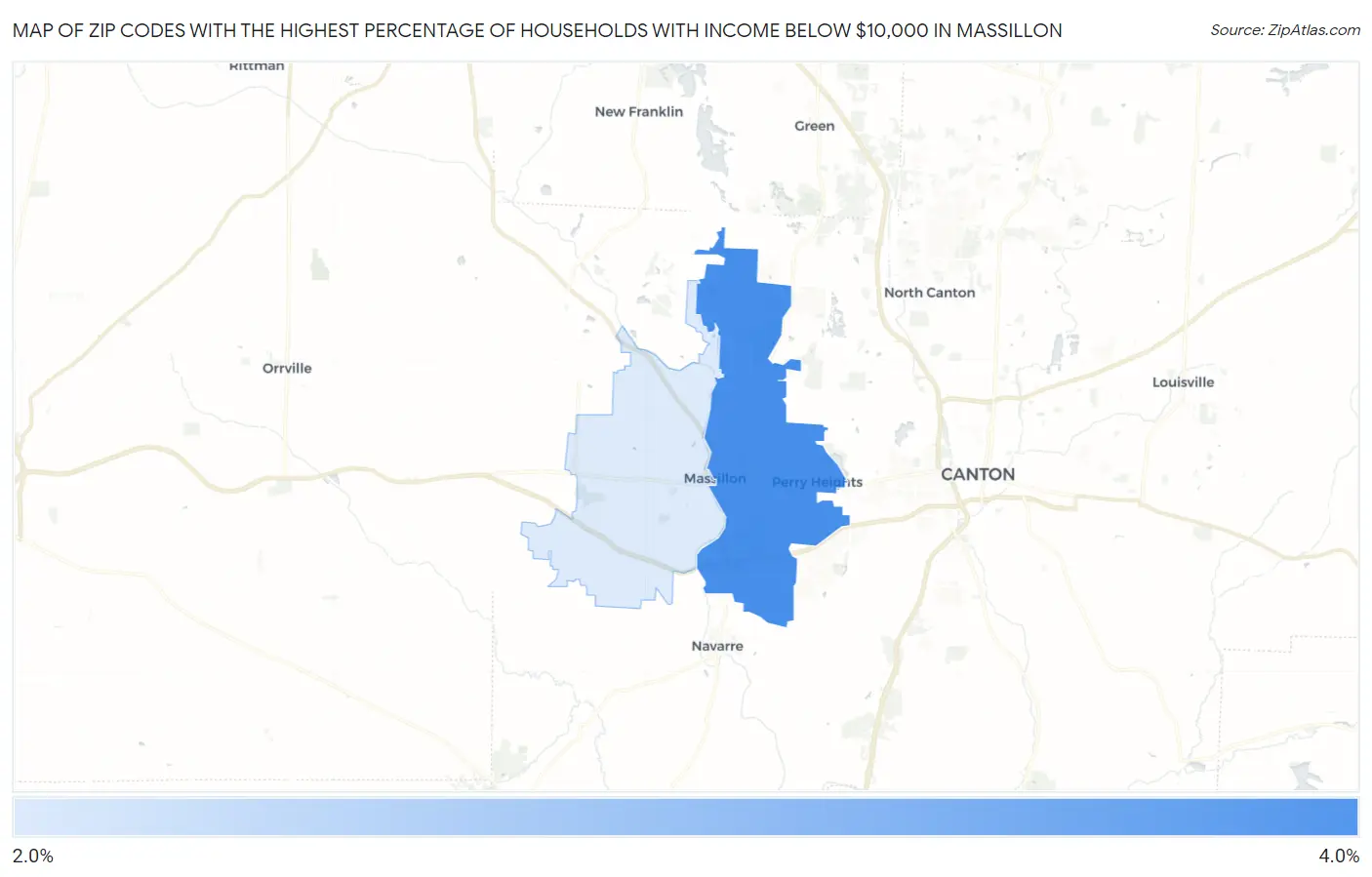Zip Codes with the Highest Percentage of Households with Income Below $10,000 in Massillon Map