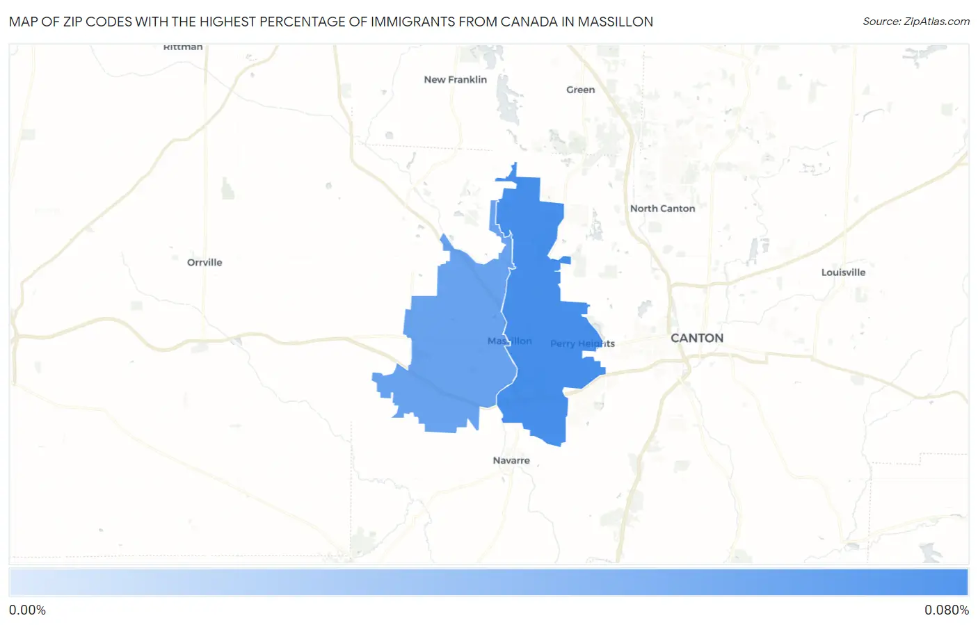 Zip Codes with the Highest Percentage of Immigrants from Canada in Massillon Map