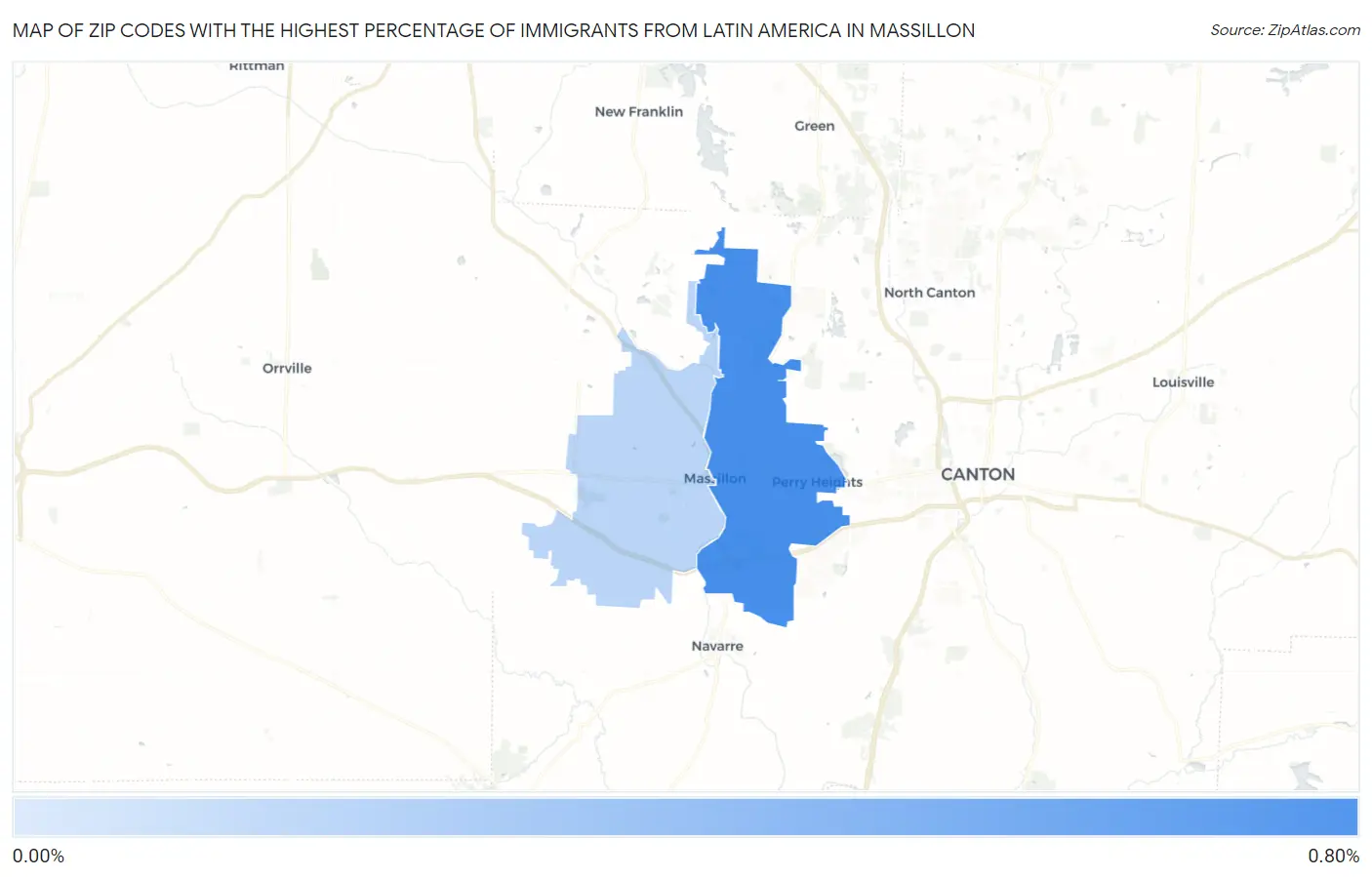 Zip Codes with the Highest Percentage of Immigrants from Latin America in Massillon Map