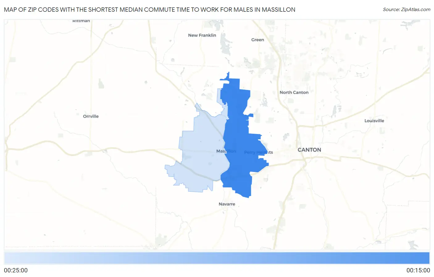Zip Codes with the Shortest Median Commute Time to Work for Males in Massillon Map