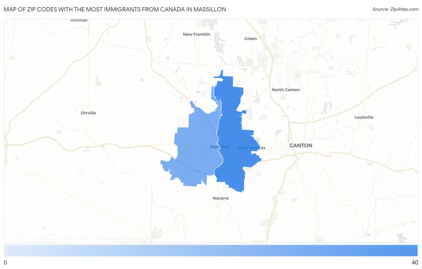 Zip Codes with the Most Immigrants from Canada in Massillon Map