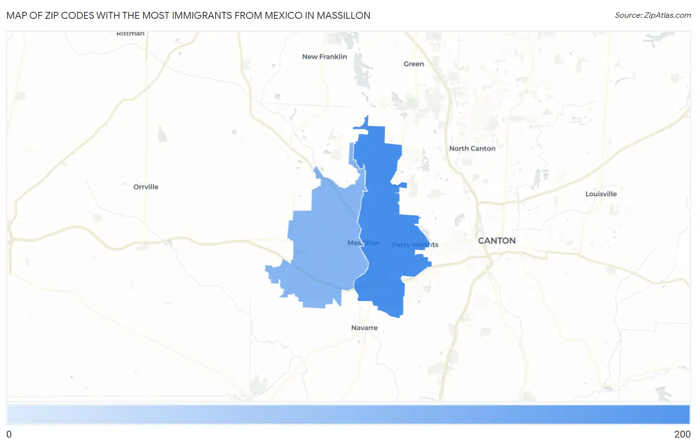 Zip Codes with the Most Immigrants from Mexico in Massillon Map