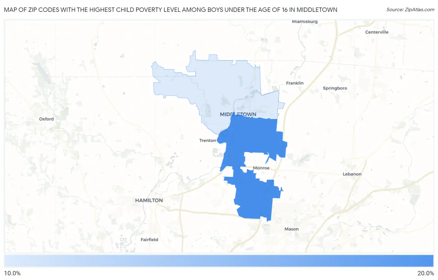 Zip Codes with the Highest Child Poverty Level Among Boys Under the Age of 16 in Middletown Map