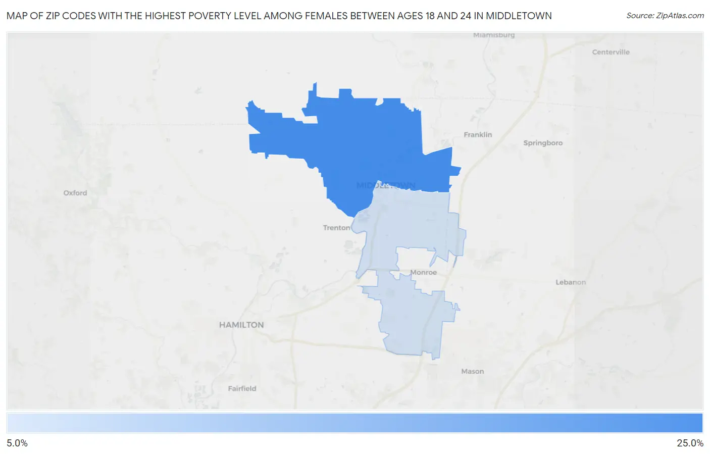 Zip Codes with the Highest Poverty Level Among Females Between Ages 18 and 24 in Middletown Map