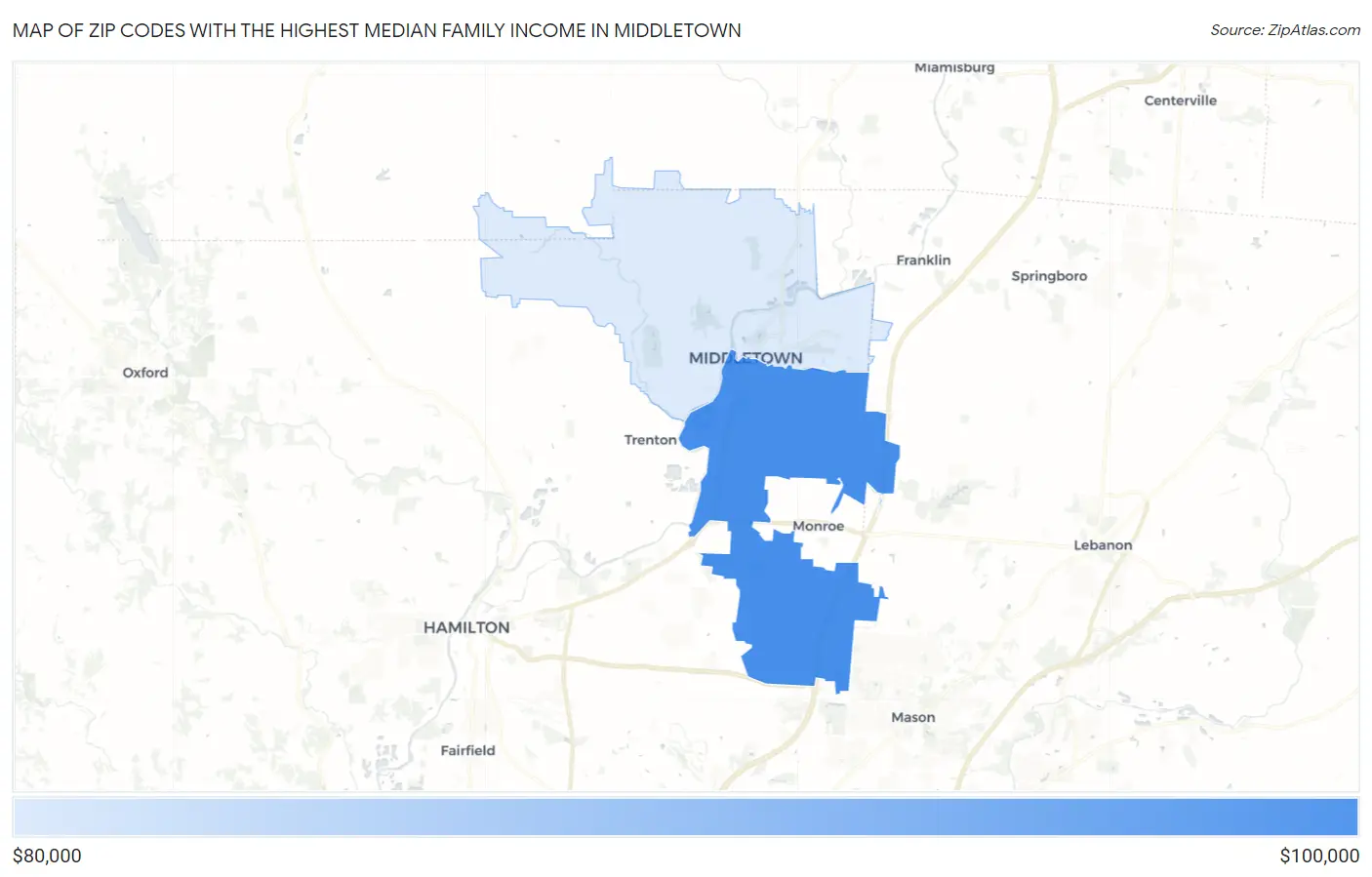 Zip Codes with the Highest Median Family Income in Middletown Map