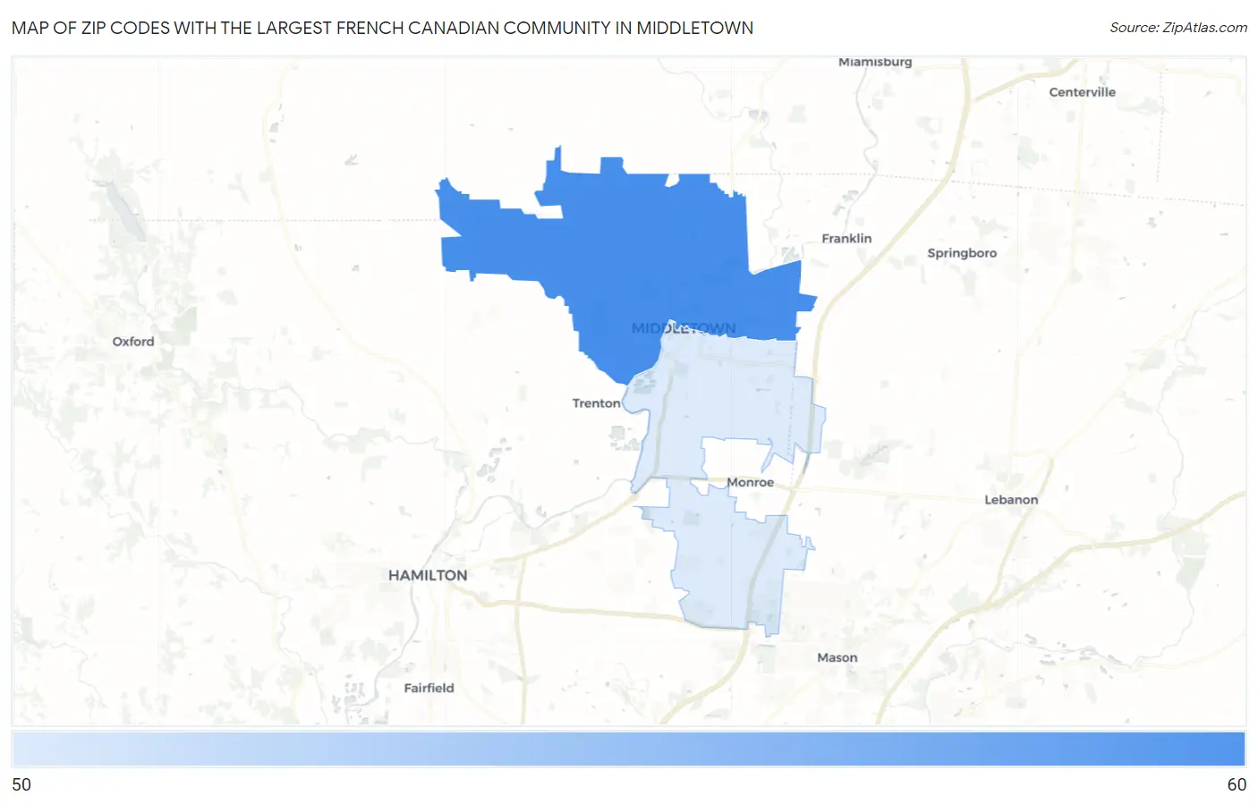 Zip Codes with the Largest French Canadian Community in Middletown Map
