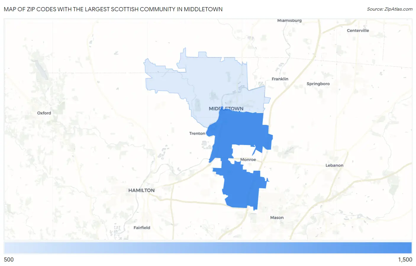 Zip Codes with the Largest Scottish Community in Middletown Map