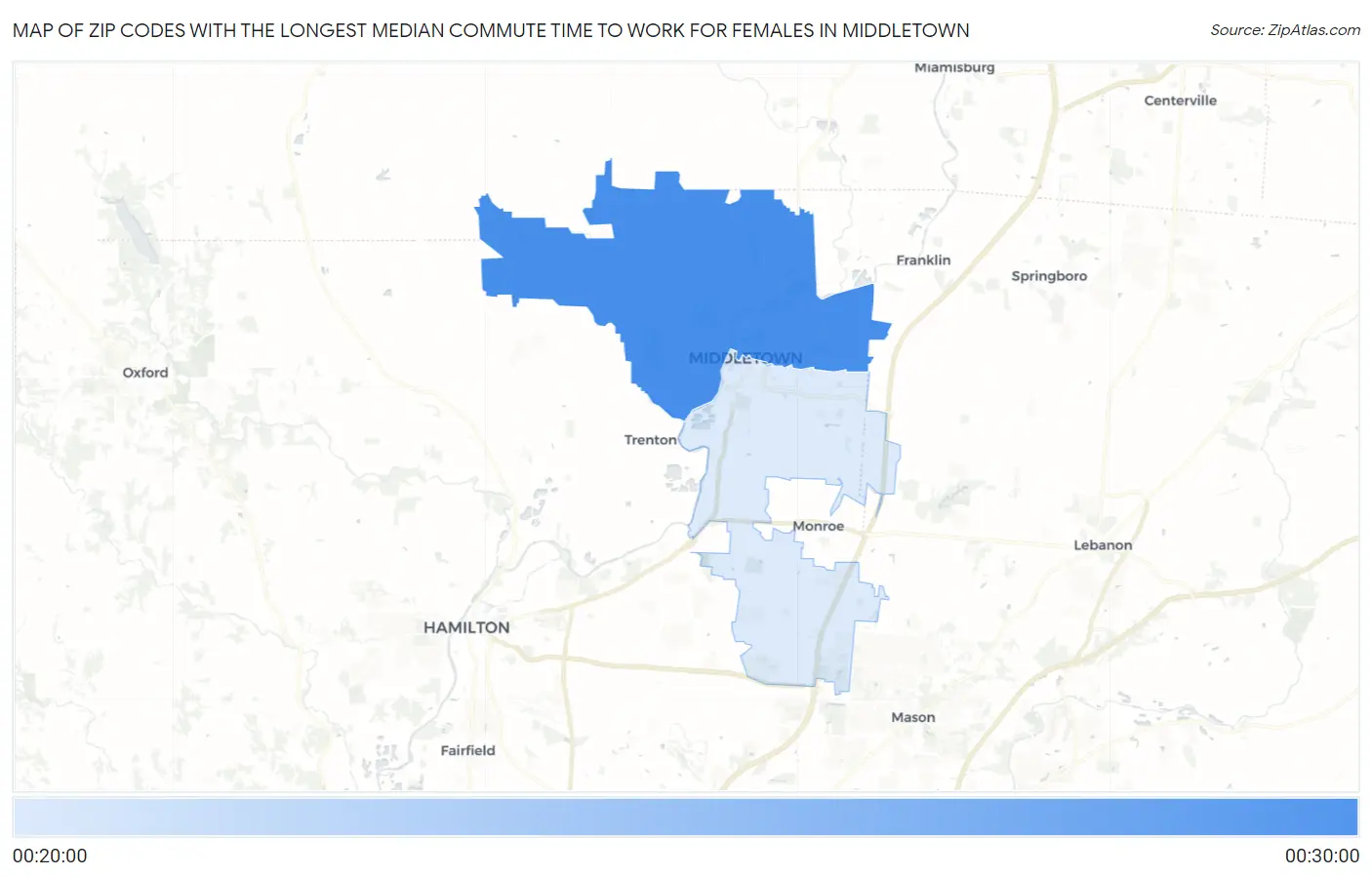 Zip Codes with the Longest Median Commute Time to Work for Females in Middletown Map