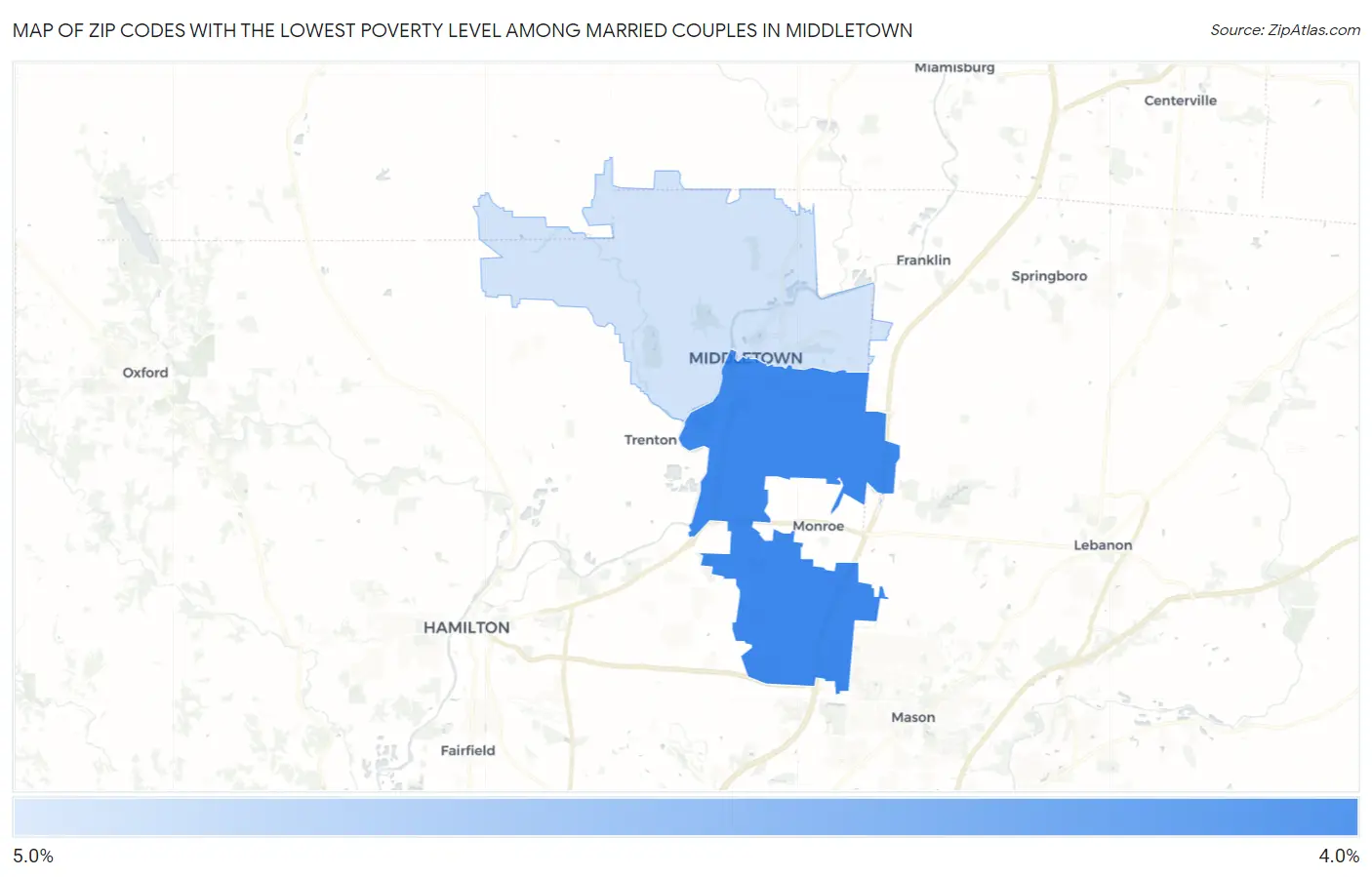 Zip Codes with the Lowest Poverty Level Among Married Couples in Middletown Map