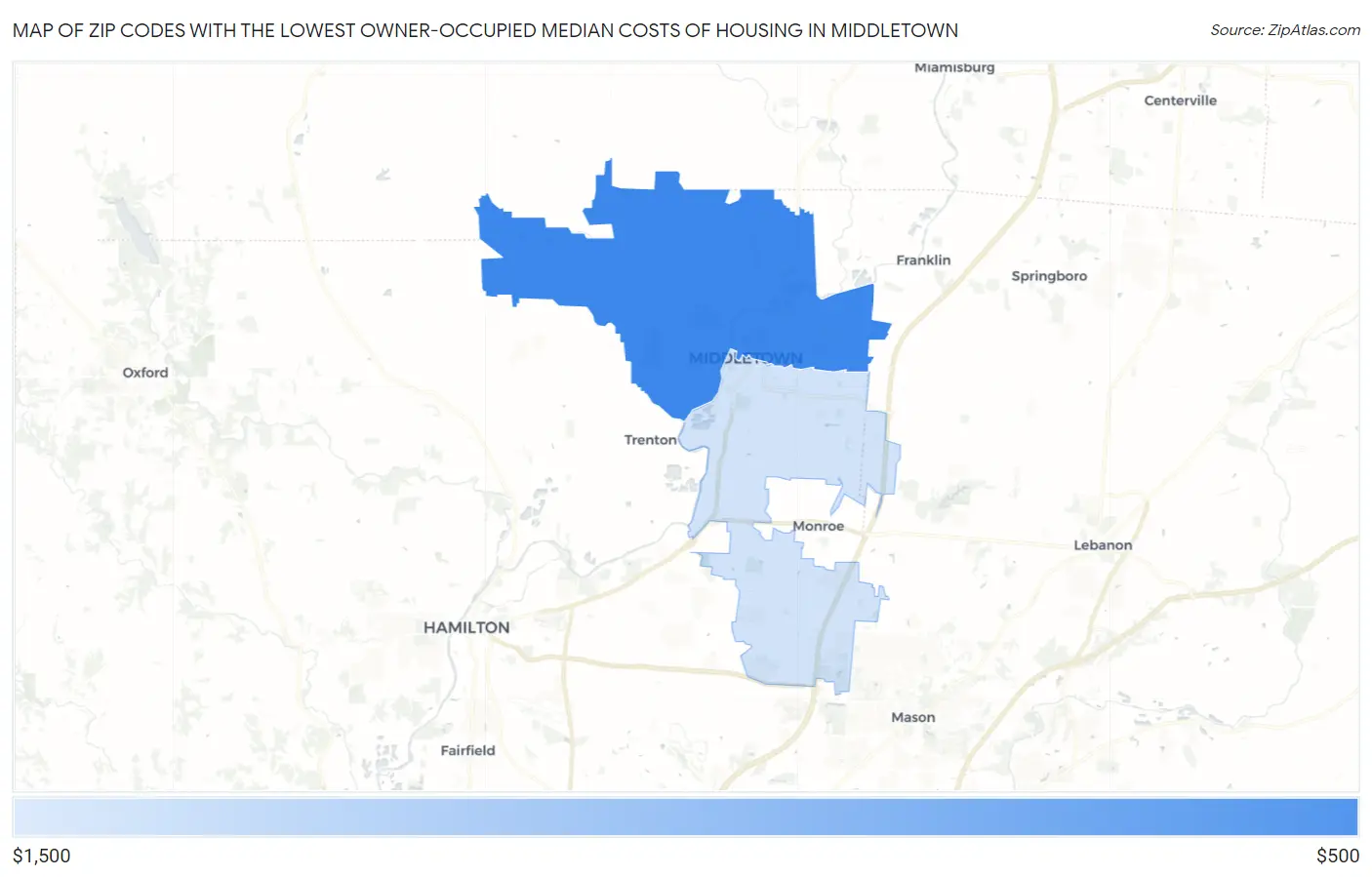 Zip Codes with the Lowest Owner-Occupied Median Costs of Housing in Middletown Map
