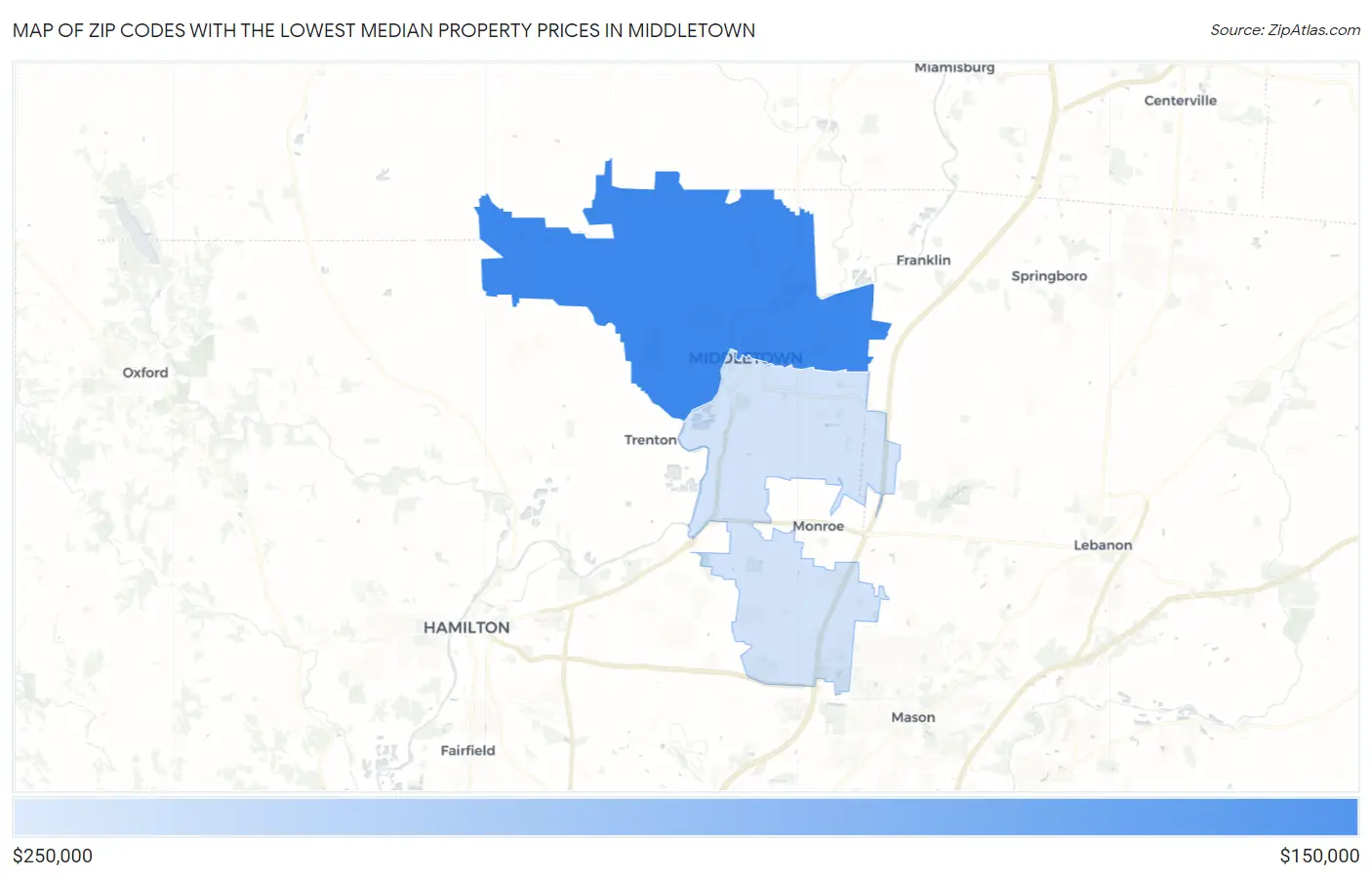 Zip Codes with the Lowest Median Property Prices in Middletown Map