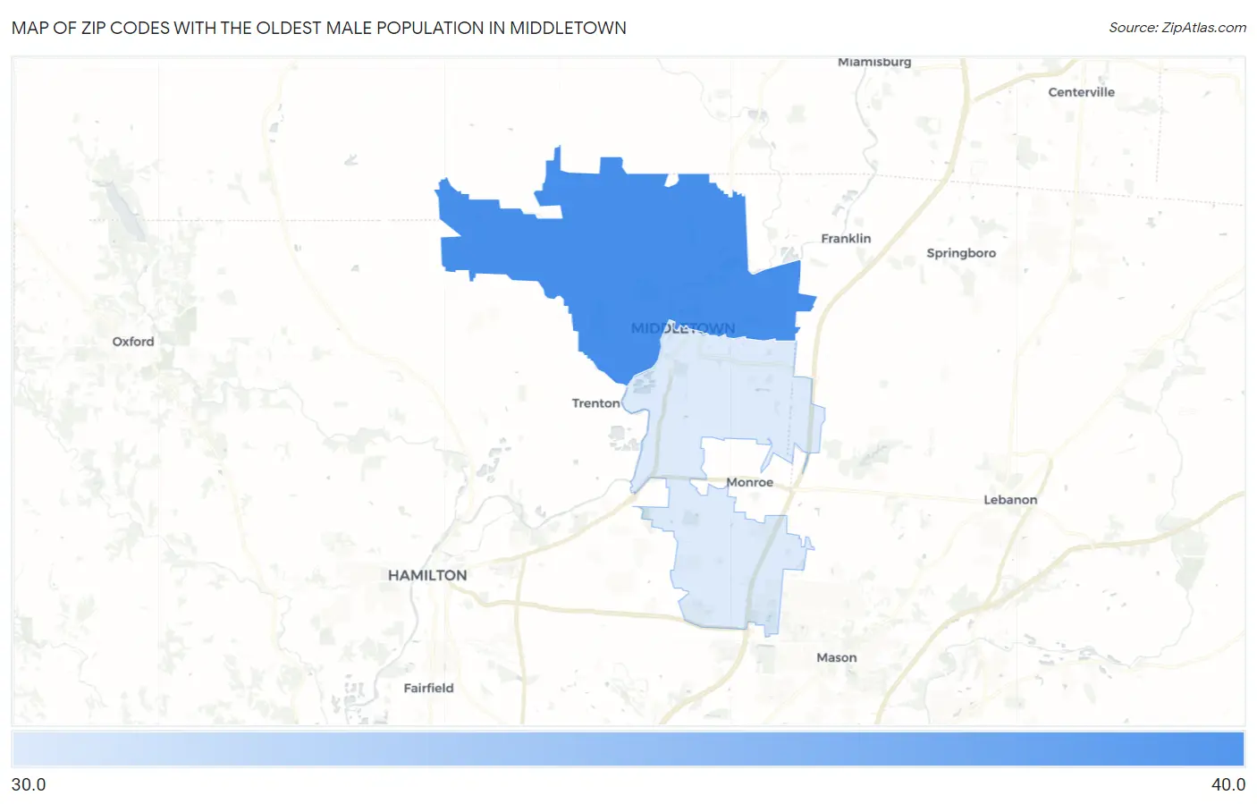 Zip Codes with the Oldest Male Population in Middletown Map