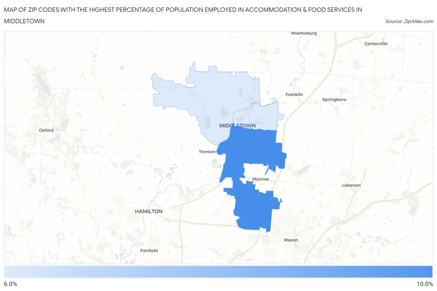 Zip Codes with the Highest Percentage of Population Employed in Accommodation & Food Services in Middletown Map