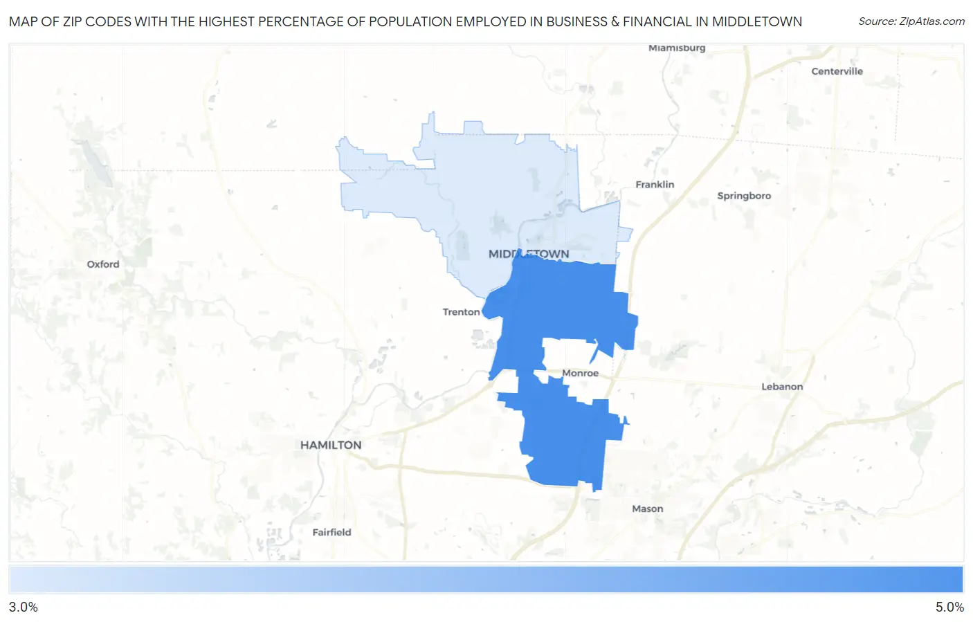 Zip Codes with the Highest Percentage of Population Employed in Business & Financial in Middletown Map