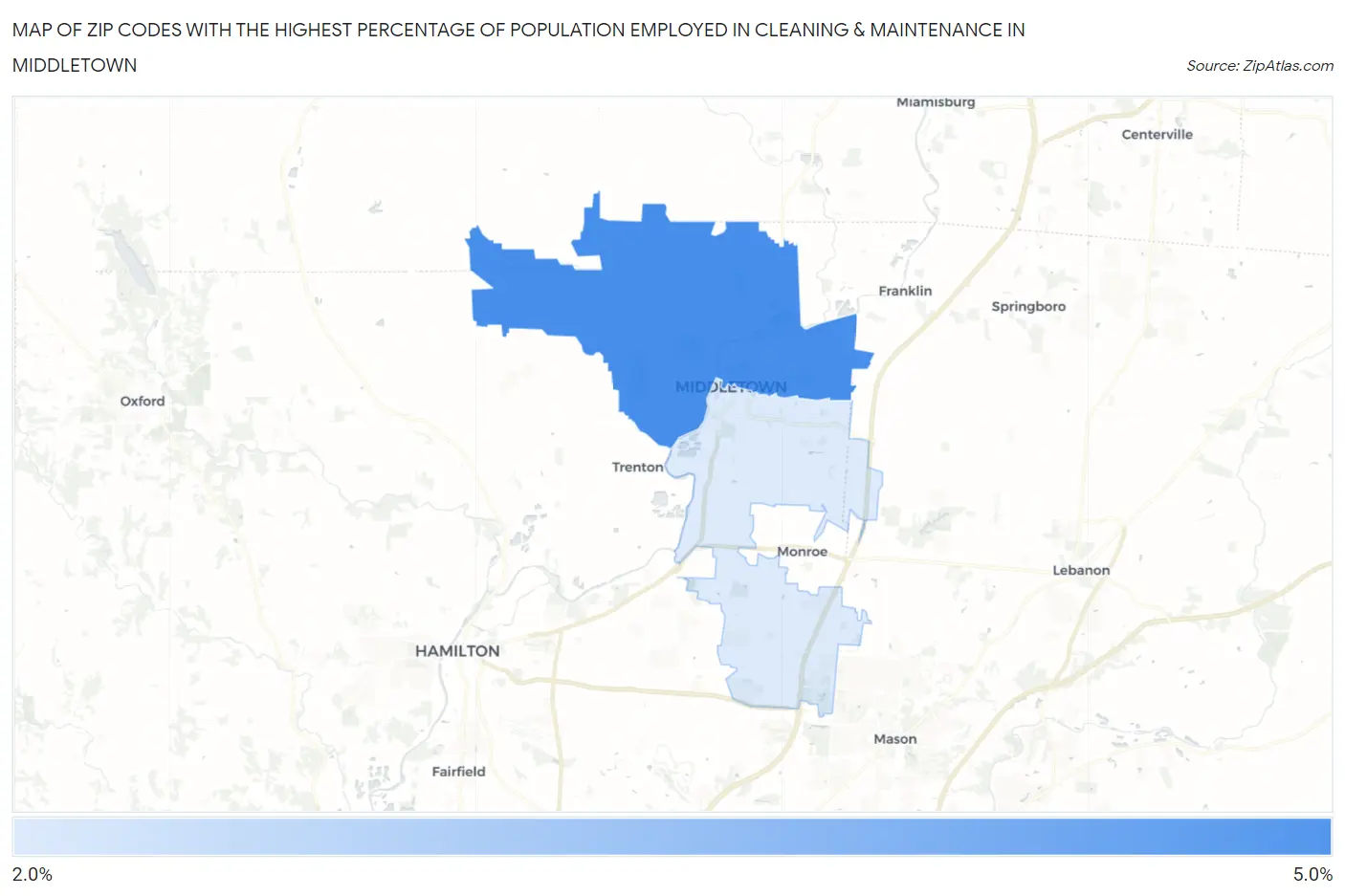 Zip Codes with the Highest Percentage of Population Employed in Cleaning & Maintenance in Middletown Map