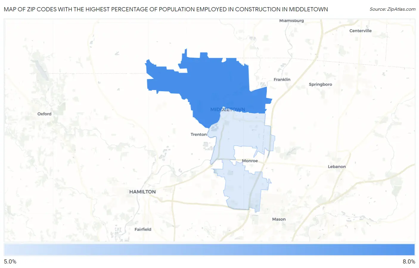 Zip Codes with the Highest Percentage of Population Employed in Construction in Middletown Map