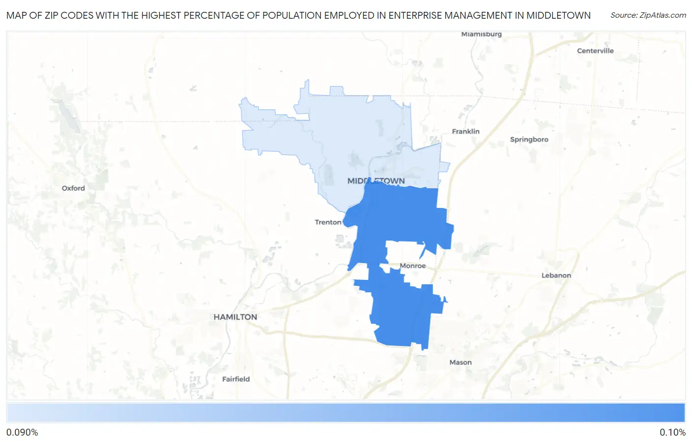 Zip Codes with the Highest Percentage of Population Employed in Enterprise Management in Middletown Map