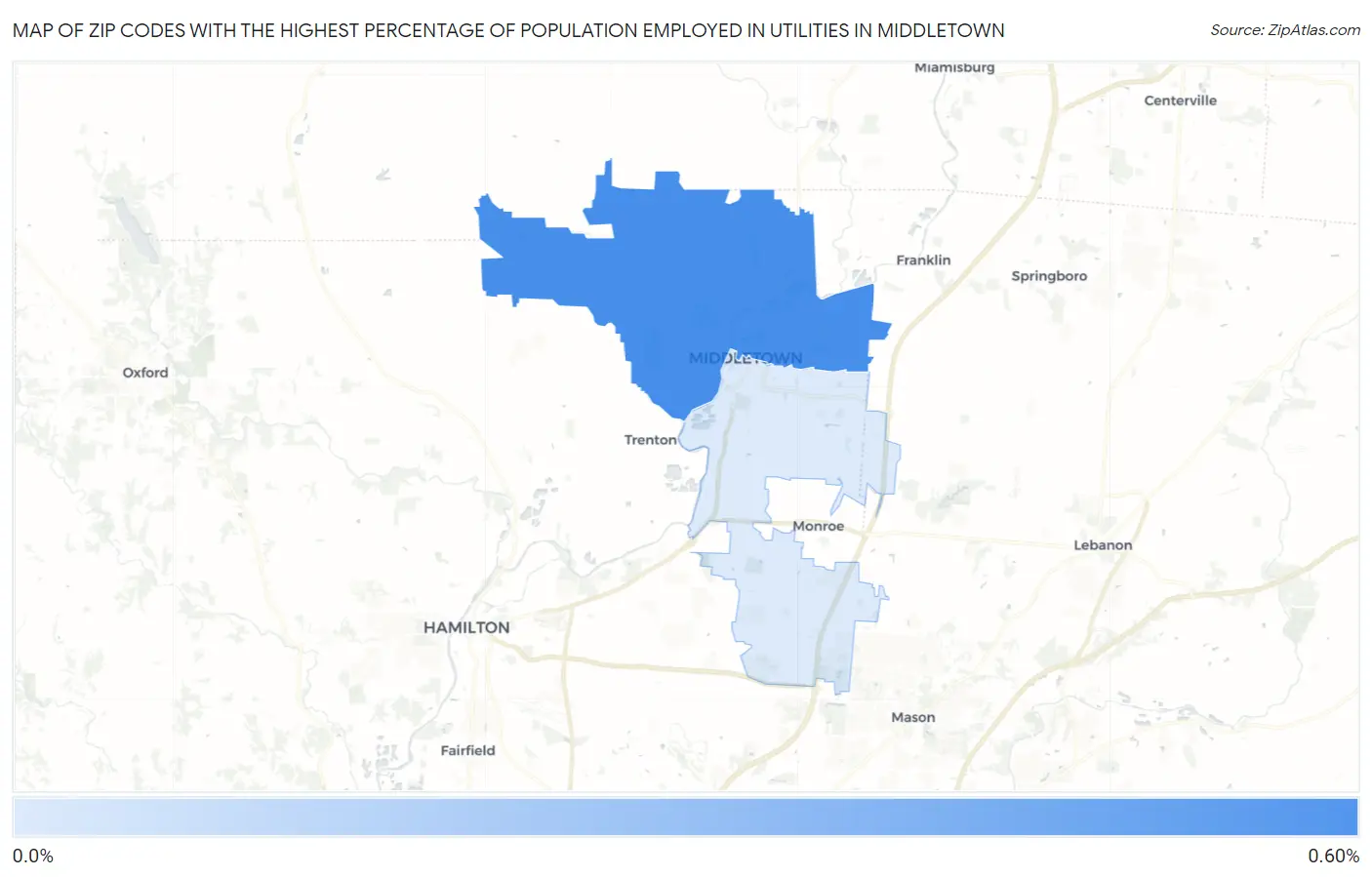 Zip Codes with the Highest Percentage of Population Employed in Utilities in Middletown Map
