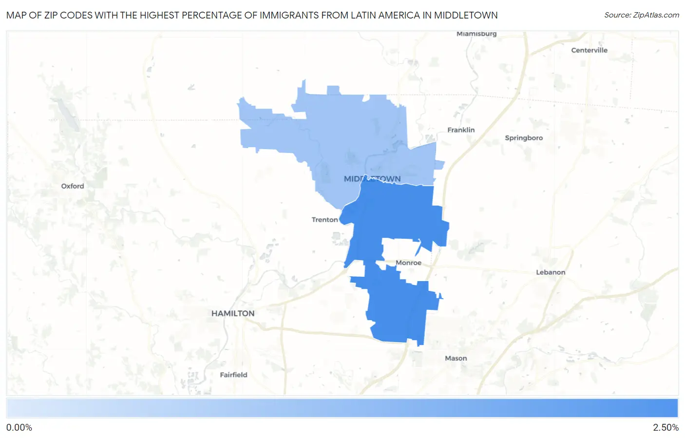 Zip Codes with the Highest Percentage of Immigrants from Latin America in Middletown Map